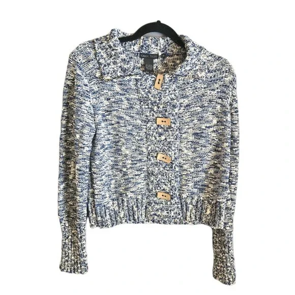 Nomadic Traders Y2K Knit Sweater M Blue Navy White Chunky Wood Buttons - Picture 4 of 10